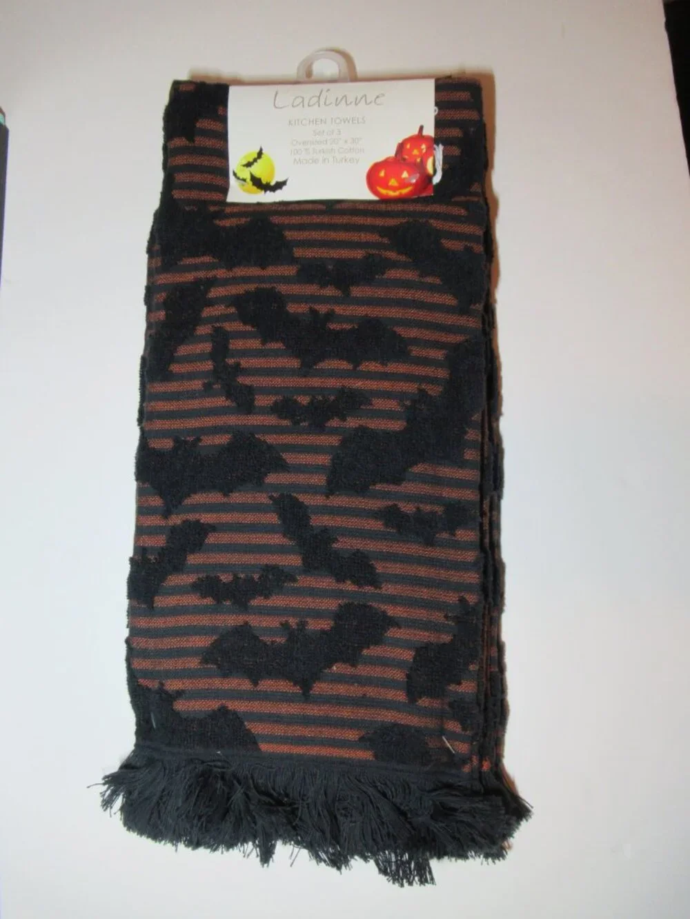 NWT Ladinne Kitchen Towels, Set of 3, Orange & Black Stripes, Halloween Bats